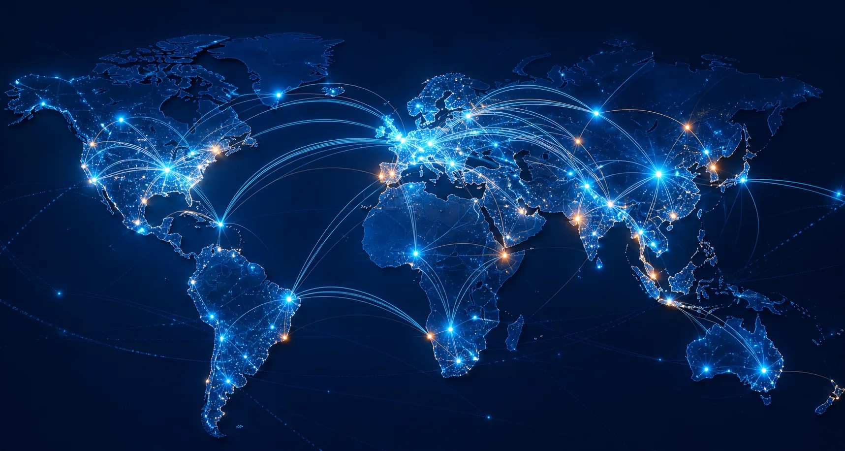Blue optical fiber network connecting illuminated locations across a world map