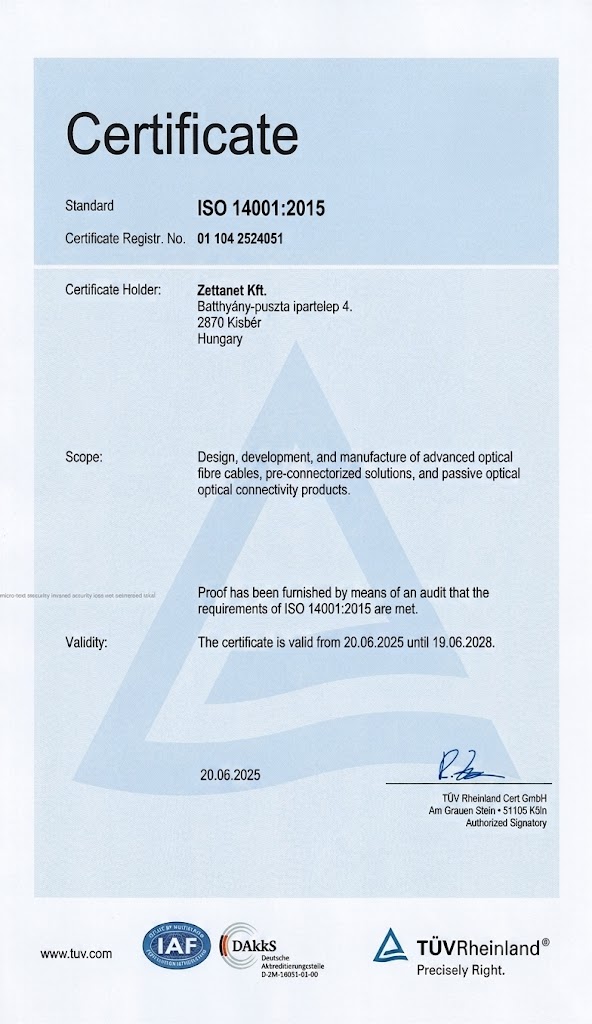 Zettanet ISO 14001:2015 certificate