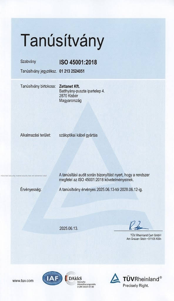 Zettanet ISO 45001:2018 certificate